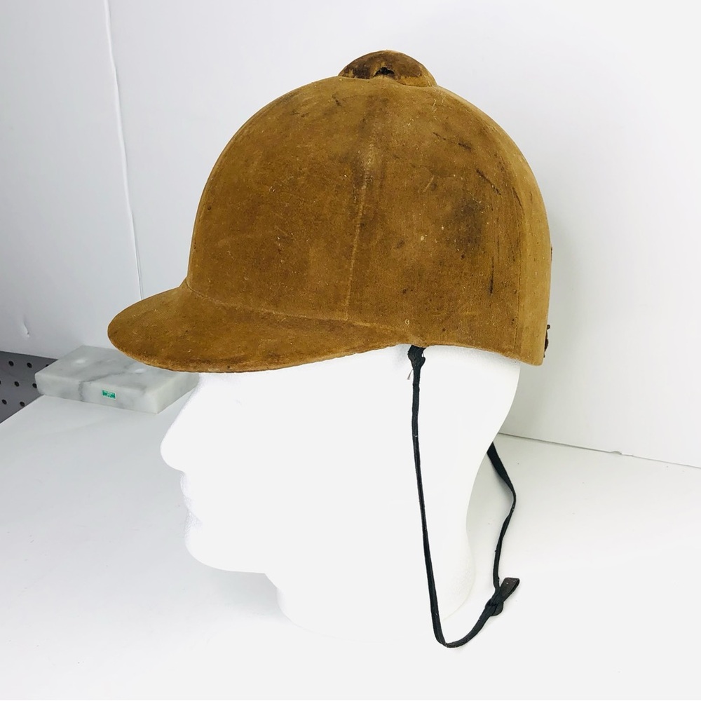 Antique Old British Horse Riding Hat Helmet Brown Velvet Equestrian Size 6 7/8